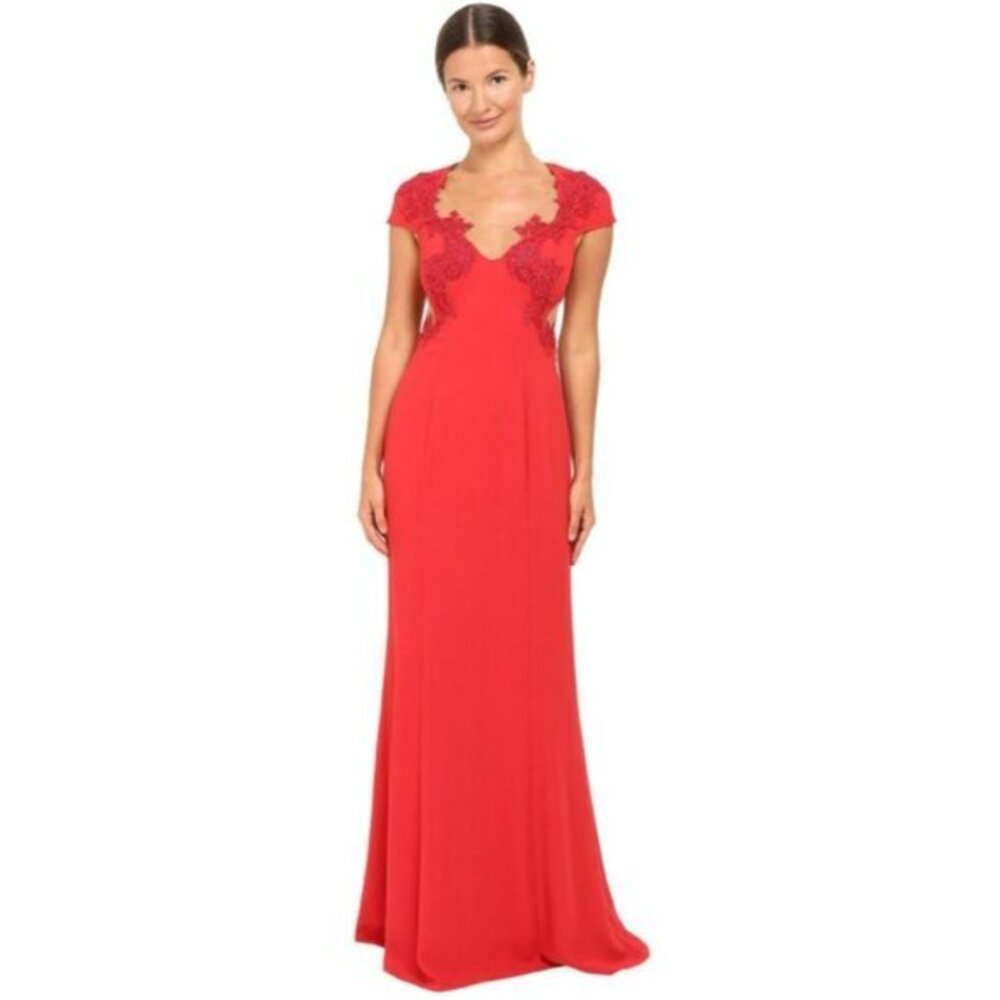 Marchesa Notte Red Crepe Flare Embellished Lace Illusion Dress SZ 10 NWT